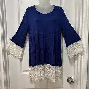 New Royal Blue w/White Lace Trim Tunic Top, Size XL (NWOT)